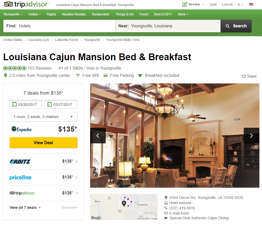 Screenshot of tripadvisor website showing Louisiana Cajun mansion reviews.